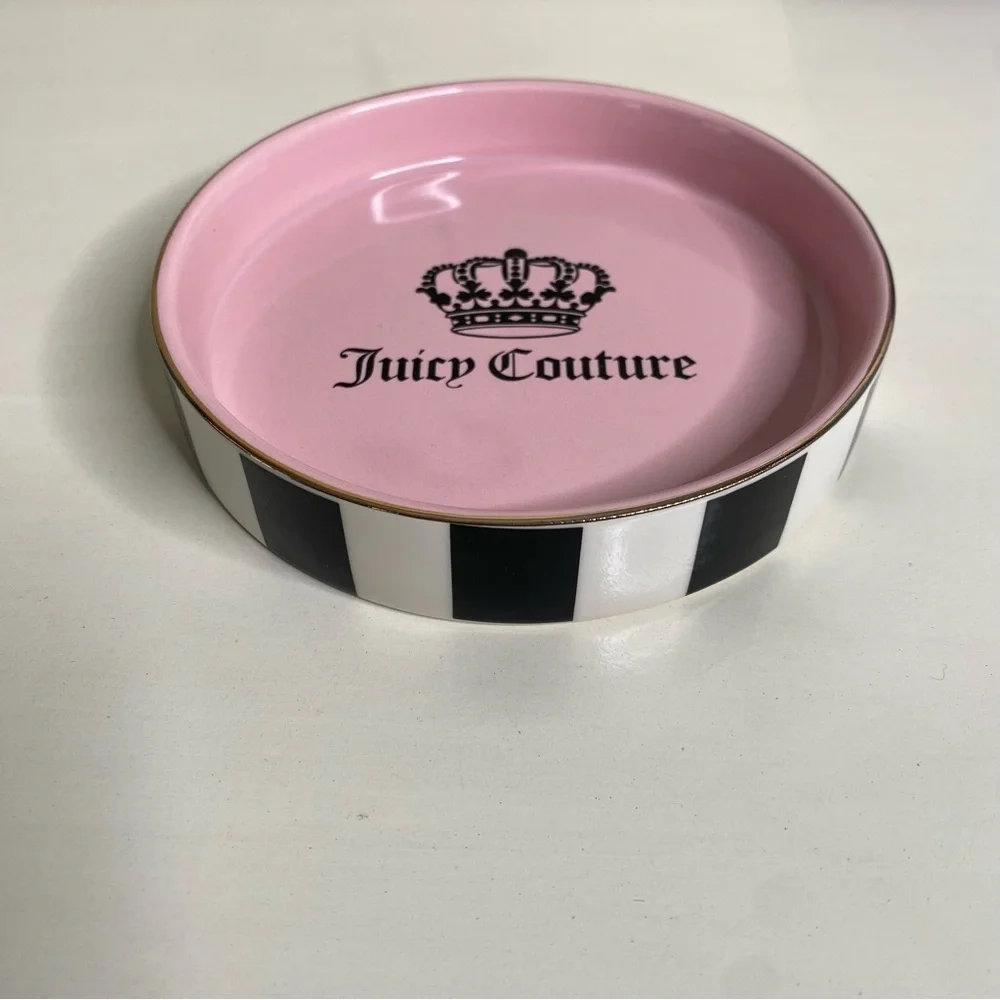 Juicy Couture Pink Jewelry Trinket Dish Tray with Black and White Stripes New